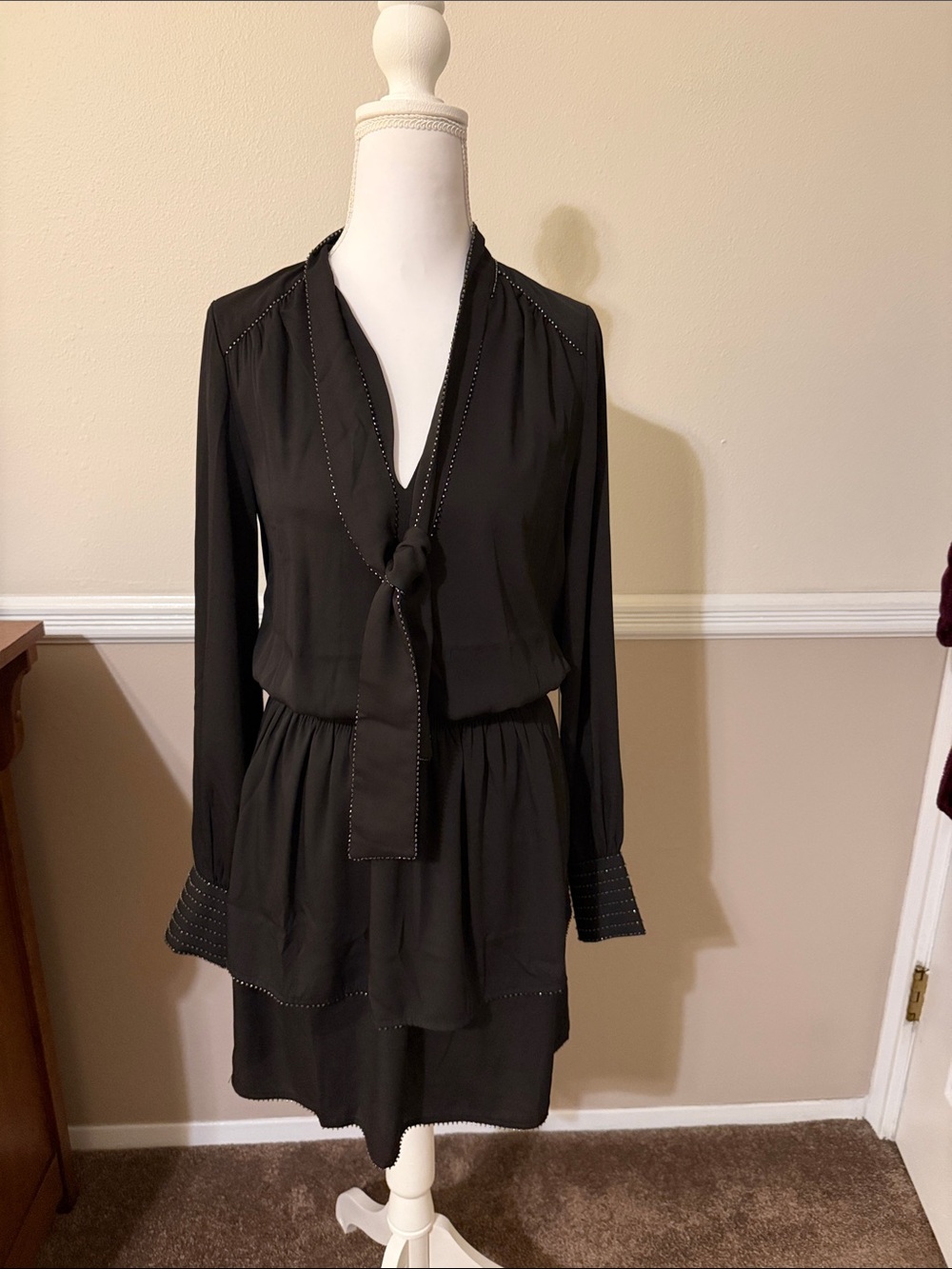 White House Black Market Black Long-Sleeve Tie-Front Dress